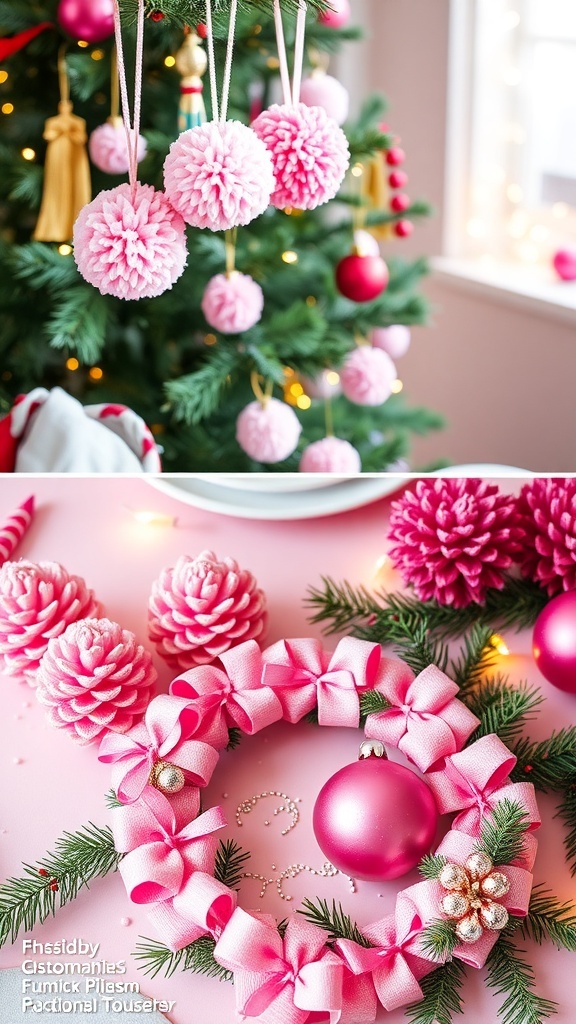 Colorful pink Christmas crafts including pom-pom ornaments, glittered pinecones, and a pink wreath in a festive setting.